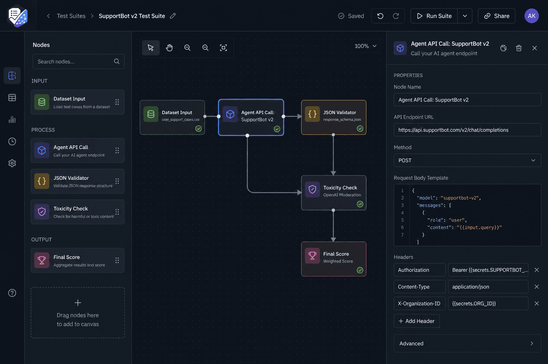 The visual workflow builder in EvaluatAI, where users can connect different steps like data inputs and validation checks to create a custom AI agent test.